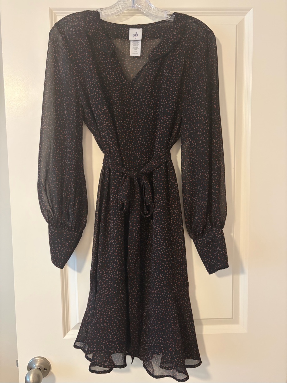 CAbi Black Long-Sleeve Dotted Specks Tie-Waist Dress
